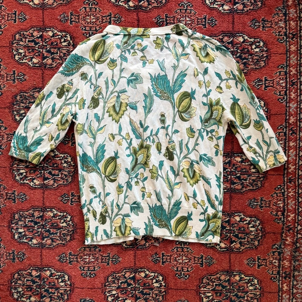 Ann Taylor LOFT M Blue & Green Floral Print on White Short Sleeve Cardigan - Picture 3 of 5